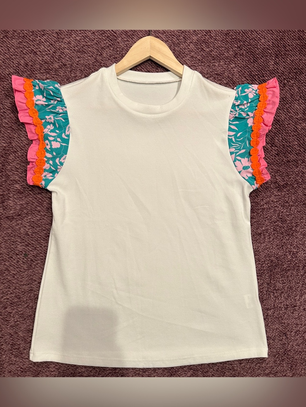 Cream Flutter Sleeve Top with Teal Floral Accent - Picture 4 of 7